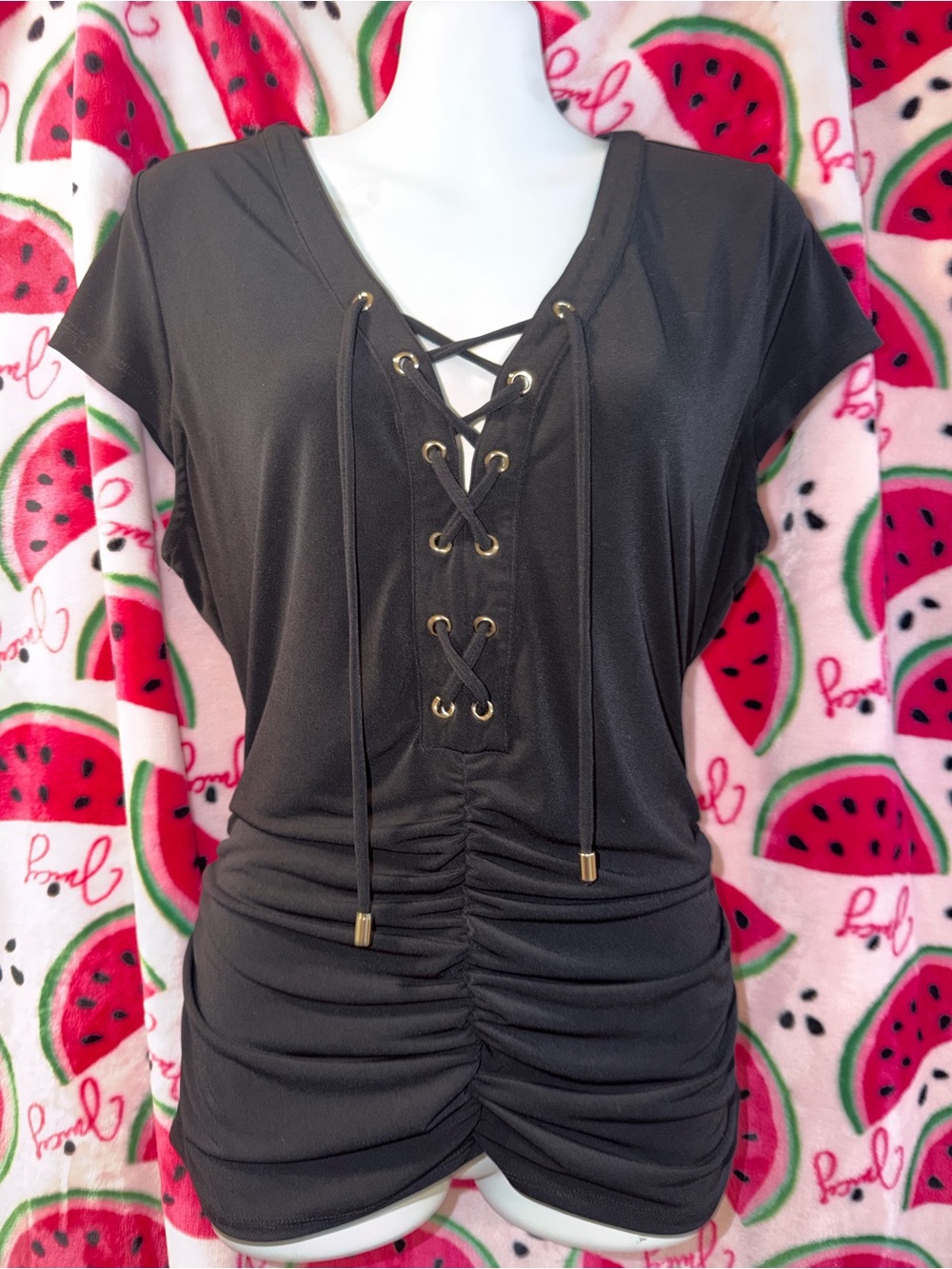 🖤 INC International Concepts Lace-Up Ruched Short Sleeve Top